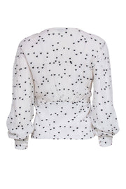 Current Boutique-All Saints - White Chiffon Blouse w/ Black Embroidered Hearts & Deep-V Button Front