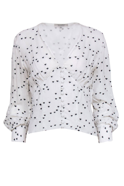 Current Boutique-All Saints - White Chiffon Blouse w/ Black Embroidered Hearts & Deep-V Button Front