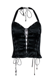 Current Boutique-Allen B by Allen Schwartz - Black Satin Lace-Up Halter Corset Top Sz S