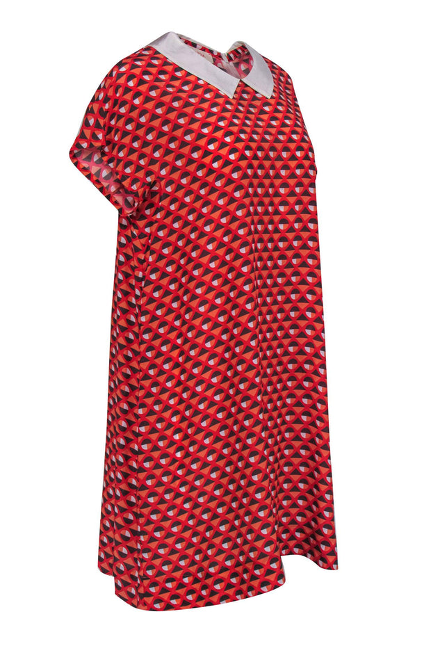 Current Boutique-Altea - Coral, Red, & Grey Geometric Printed Short Sleeve Drress w/ Peter Pan Collar Sz S