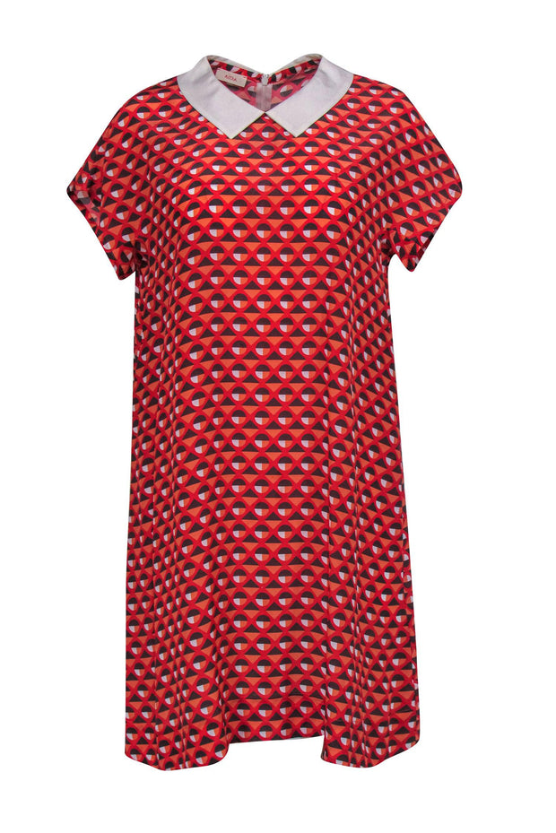 Current Boutique-Altea - Coral, Red, & Grey Geometric Printed Short Sleeve Drress w/ Peter Pan Collar Sz S