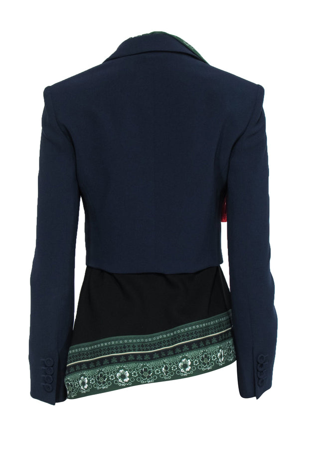 Current Boutique-Altuzarra - Navy Collared Blazer w/ Printed Scarf Lining & Fringe Underlay Sz 6