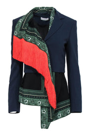 Current Boutique-Altuzarra - Navy Collared Blazer w/ Printed Scarf Lining & Fringe Underlay Sz 6