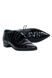 Current Boutique-Alumnae - Black Crocodile Embossed Patent Leather Pointed Toe Heeled Loafers Sz 8.5