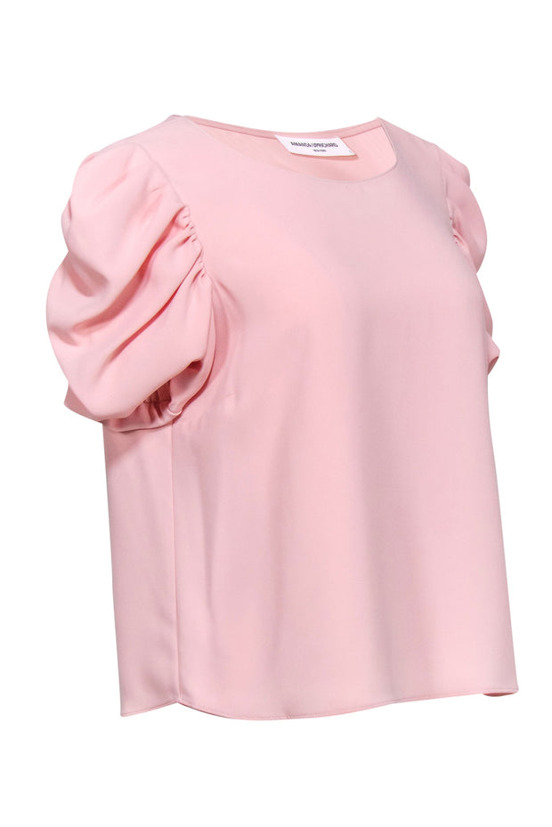 Current Boutique-Amanda Uprichard - Baby Pink Gathered Short Sleeve Blouse Sz L