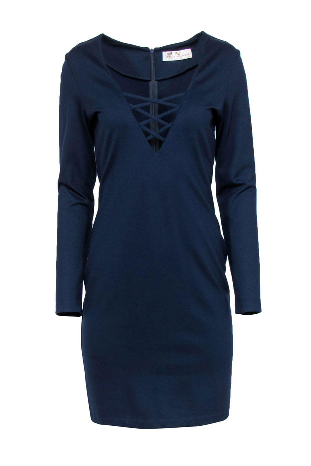 Current Boutique-Amanda Uprichard - Navy Blue Shift Dress w/ Plunging Lace-Up Neckline Sz M