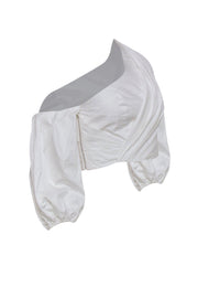 Current Boutique-Amur - White Cotton Asymmetric Draped Puffed Sleeve Crop Top Sz S