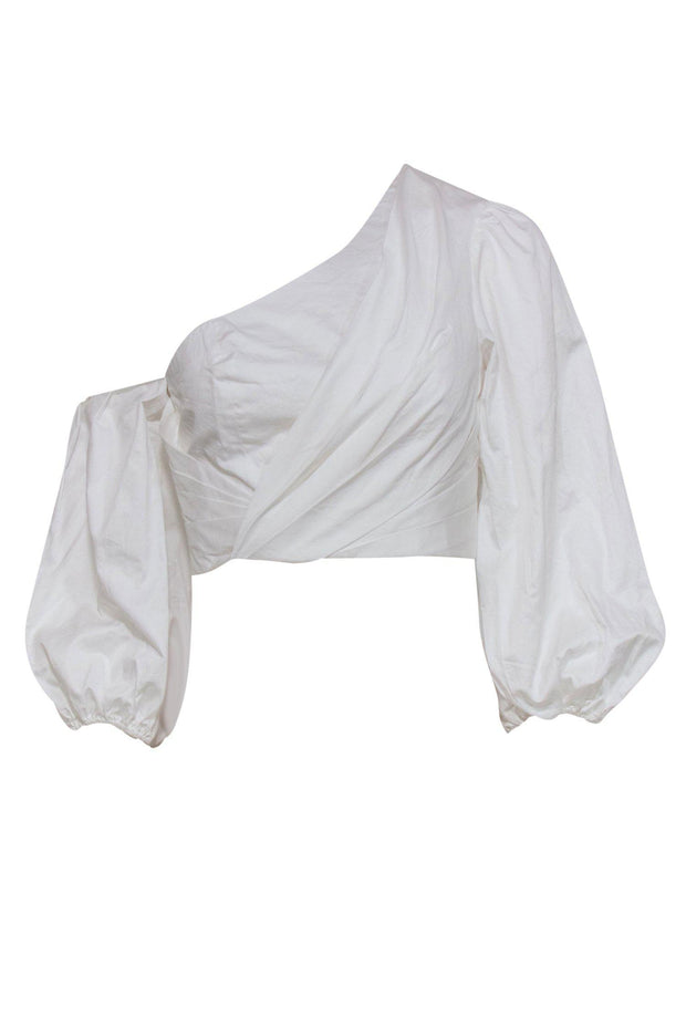 Current Boutique-Amur - White Cotton Asymmetric Draped Puffed Sleeve Crop Top Sz S