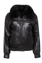 Current Boutique-Andrew Marc - Brown Leather Zip-Up Bomber Coat w/ Removable Fur Vest Sz S