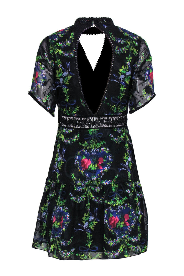 Current Boutique-Anna Sui - Black Floral Mock Neck Short Sleeve Dress w/ Cutouts Sz 2