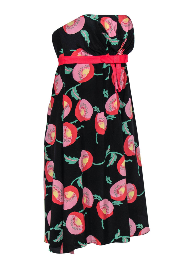 Current Boutique-Anna Sui - Black, Pink & Green Floral Print Strapless A-Line Dress Sz 4