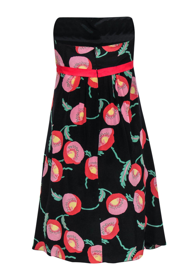 Current Boutique-Anna Sui - Black, Pink & Green Floral Print Strapless A-Line Dress Sz 4