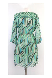 Current Boutique-Anna Sui - Green & Blue Geo Print Silk Ruffle Dress Sz 2