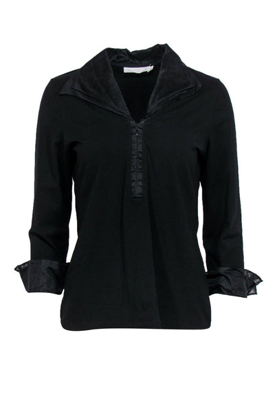 Current Boutique-Anne Fontaine - Black Cuffed Sleeve Collared Cotton Top Sz 10