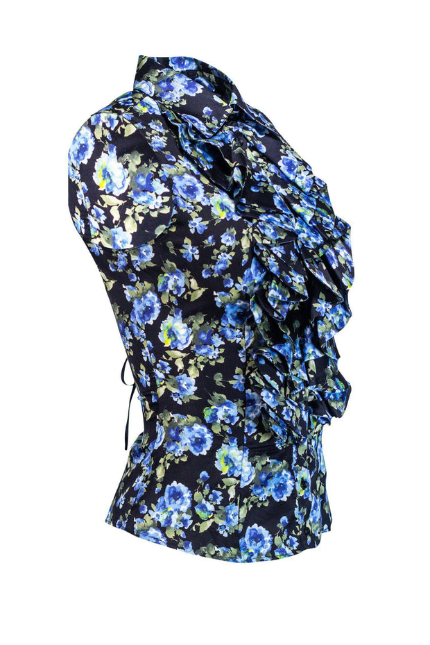 Current Boutique-Anne Fontaine - Black Ruffle Blouse w/ Blue Floral Print Sz 6