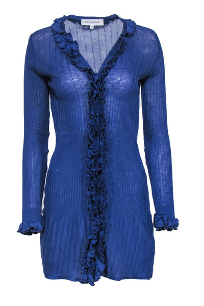 Current Boutique-Anne Fontaine - Blue Ruffle Longline Button Front Cardigan Sz 6