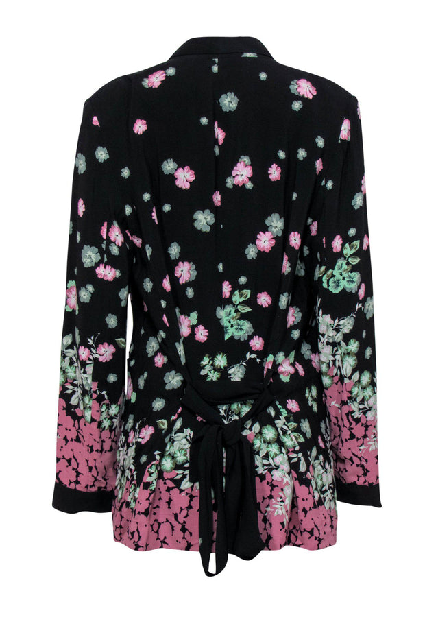 Current Boutique-Anthropologie - Black, Pink & Green Floral Print Single Button Belted Blazer Sz 12