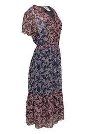 Current Boutique-Anthropologie - Blue, Burgundy & Brown Colorblocked Floral Print Maxi Dress w/ Gold Threading Sz L