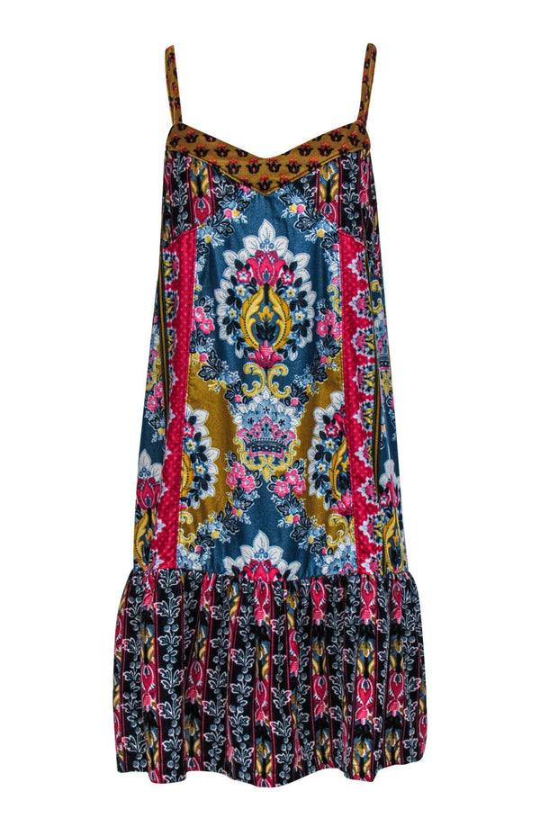 Current Boutique-Anthropologie - Bright Patterned Velvet Mini Ruffled Shift Dress Sz S