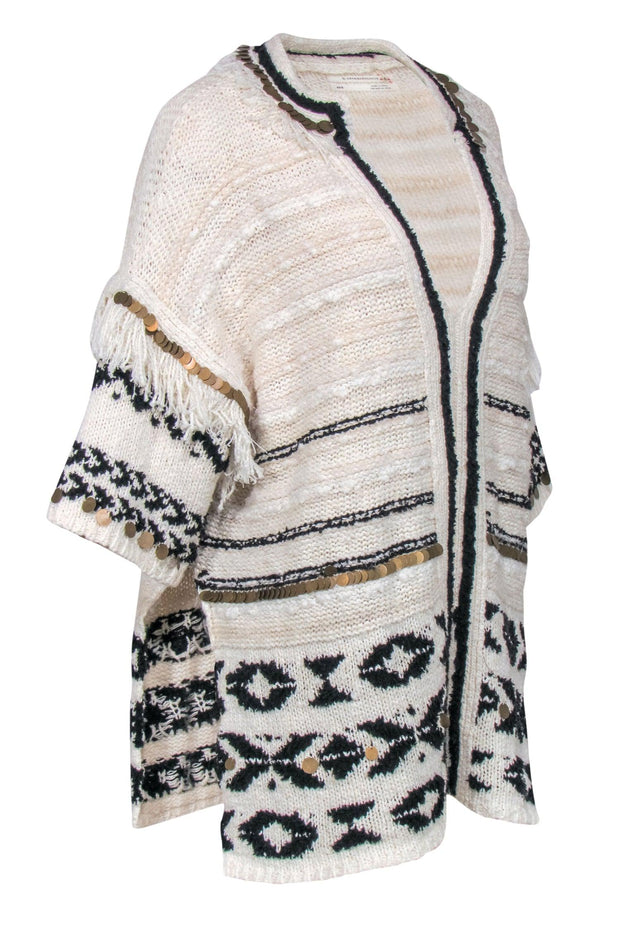 Current Boutique-Anthropologie - Ivory & Black Tunic Sweater w/ Fringe & Embellished Trim Sz XS/S