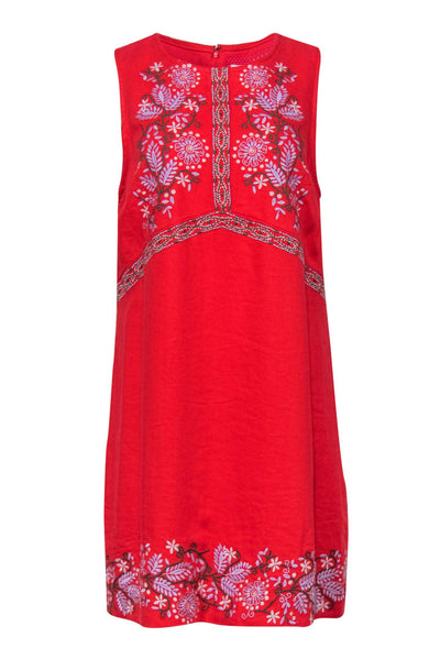 Current Boutique-Anthropologie - Tomato Red Floral Embroidered Short Sleeve Shift Dress Sz 12