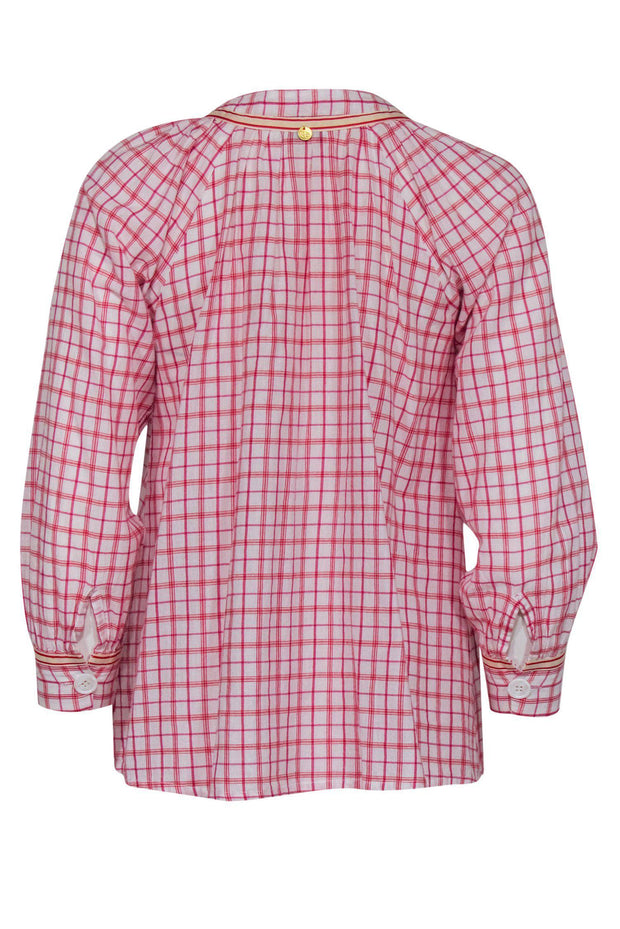 Current Boutique-Antik Batik - Red & White Plaid Quarter Button-Up Blouse w/ Floral Embroidery Sz XS