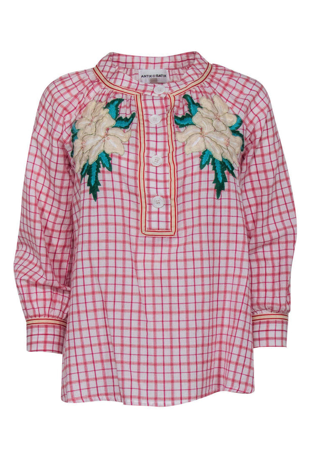 Current Boutique-Antik Batik - Red & White Plaid Quarter Button-Up Blouse w/ Floral Embroidery Sz XS