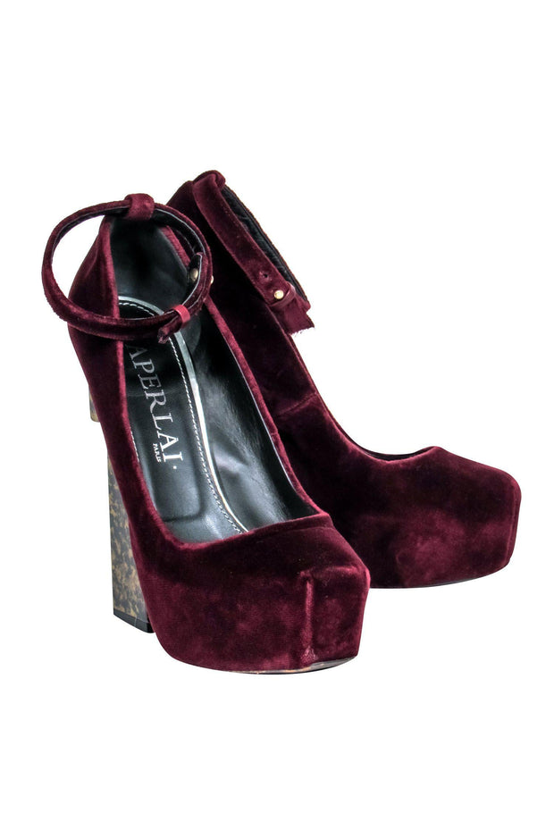 Current Boutique-Aperlai - Wine Red "Velvet Geisha Doll" Ankle Strap Platform Heels Sz 7.5