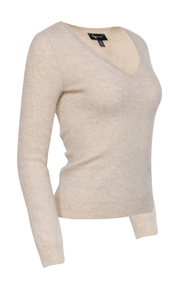 Current Boutique-Aqua Cashmere - Beige Fuzzy V-Neck Cashmere Sweater Sz M