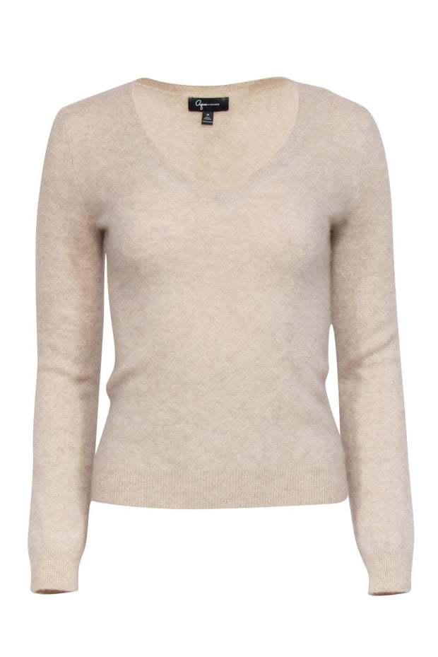 Current Boutique-Aqua Cashmere - Beige Fuzzy V-Neck Cashmere Sweater Sz M