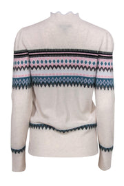 Current Boutique-Aqua Cashmere - Light Grey, Pink & Teal Fair Isle Mock Turtleneck Cashmere Sweater Sz L