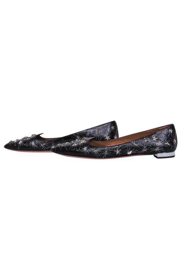 Current Boutique-Aquazzura – Black Leather Pointy Toe Flats w/ Metal Studded Stars Sz 8.5