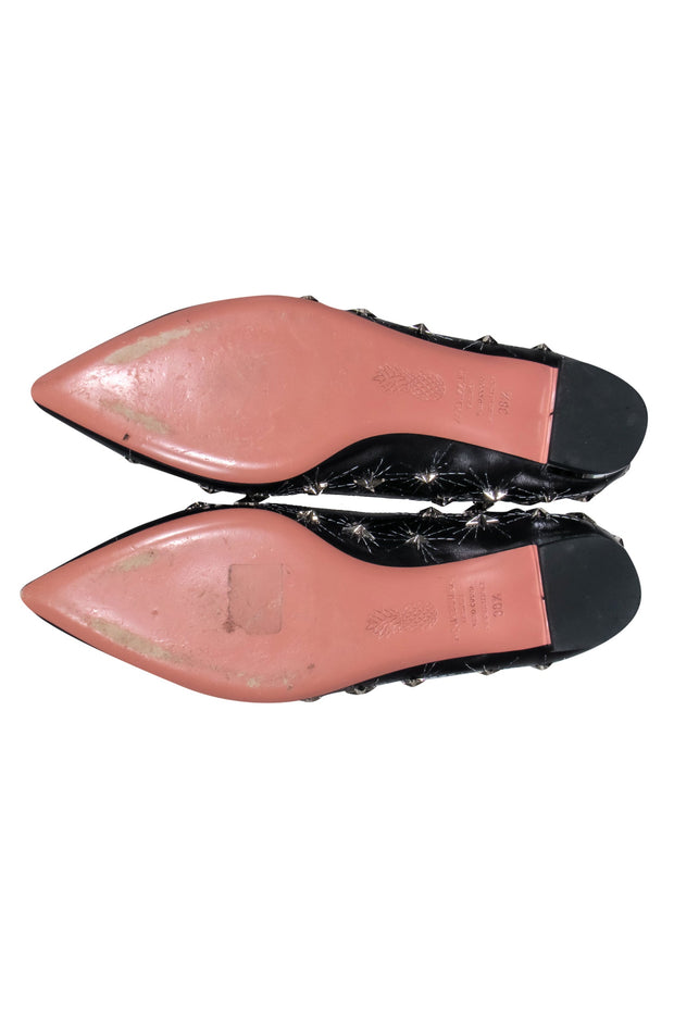 Current Boutique-Aquazzura – Black Leather Pointy Toe Flats w/ Metal Studded Stars Sz 8.5