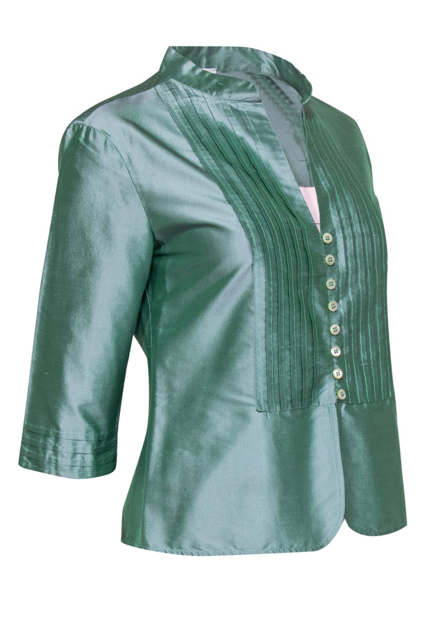 Current Boutique-Armani Collezioni - Aqua Green Metallic Silk Satin Button-Front Blouse Sz 6