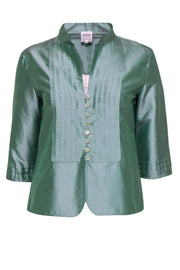 Current Boutique-Armani Collezioni - Aqua Green Metallic Silk Satin Button-Front Blouse Sz 6