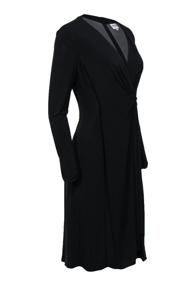 Current Boutique-Armani Collezioni - Black Long Sleeve Pleated Draped Sheath Dress Sz 10