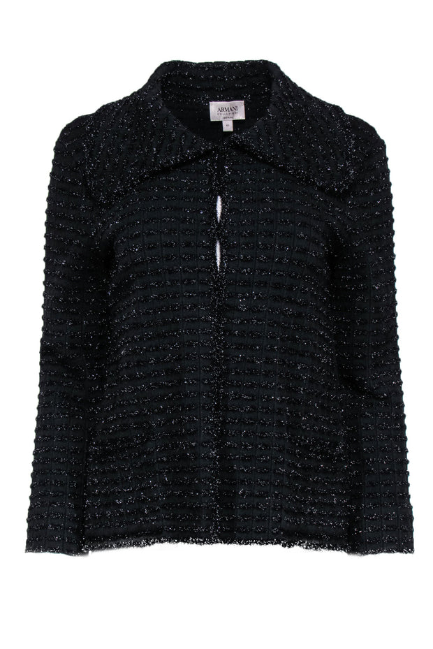 Current Boutique-Armani Collezioni - Black Metallic Fuzzy Textured Clasped Knit Blazer Sz 6