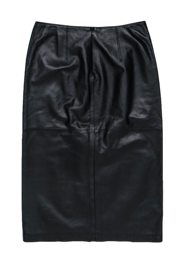 Current Boutique-Armani Collezioni - Black Smooth Leather Midi Pencil Skirt w/ Vent Sz 10