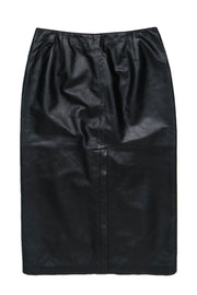 Current Boutique-Armani Collezioni - Black Smooth Leather Midi Pencil Skirt w/ Vent Sz 10