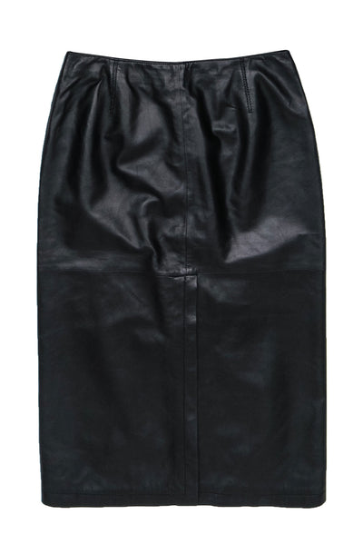 Current Boutique-Armani Collezioni - Black Smooth Leather Midi Pencil Skirt w/ Vent Sz 10