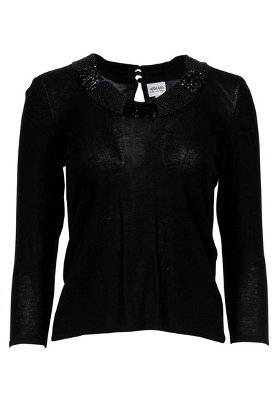 Current Boutique-Armani Collezioni - Black Thin Knit 3/4 Sleeve Sweater w/ Beaded Neckline Sz 6