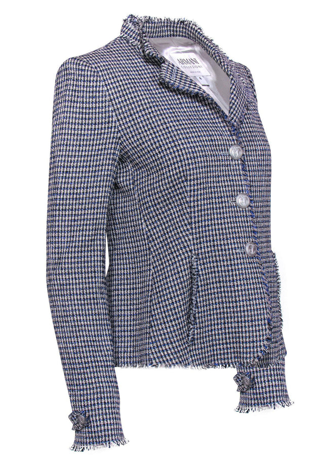 Current Boutique-Armani Collezioni - Blue & White Patterned Tweed Jacket w/ Anchor Buttons Sz 6