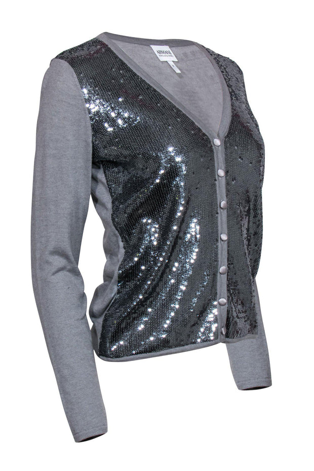 Current Boutique-Armani Collezioni - Gray Sequined Cotton Blend Cardigan Sz 8