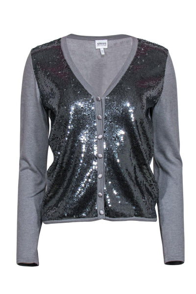 Current Boutique-Armani Collezioni - Gray Sequined Cotton Blend Cardigan Sz 8