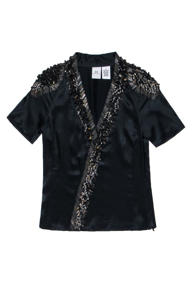 Current Boutique-Armani Exchange - Black Silk Satin Tee w/ Bronze Beading Sz XS