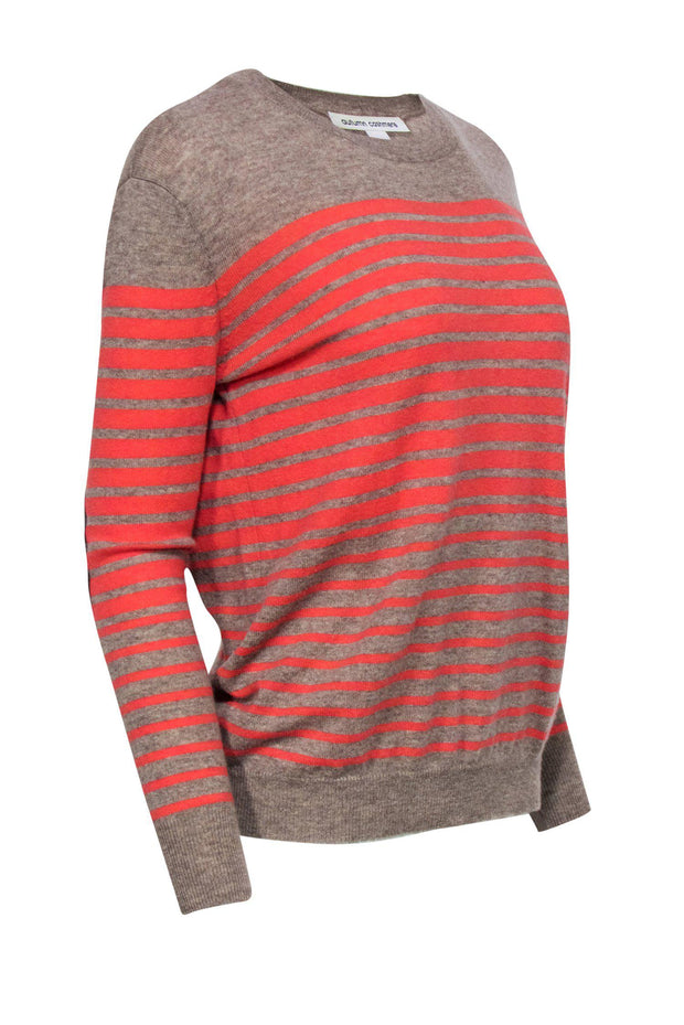 Current Boutique-Autumn Cashmere - Taupe & Coral Striped Cashmere Sweater w/ Elbow Patches Sz XS