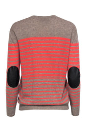 Current Boutique-Autumn Cashmere - Taupe & Coral Striped Cashmere Sweater w/ Elbow Patches Sz XS