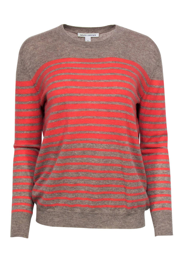 Current Boutique-Autumn Cashmere - Taupe & Coral Striped Cashmere Sweater w/ Elbow Patches Sz XS