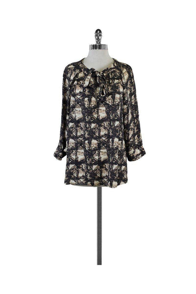 Current Boutique-BCBG - Grey & Tan Print Silk Blouse Sz S