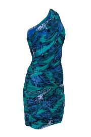 Current Boutique-BCBG Max Azria - Aqua Green & Blue One-Shoulder Ruched Mesh Dress Sz M